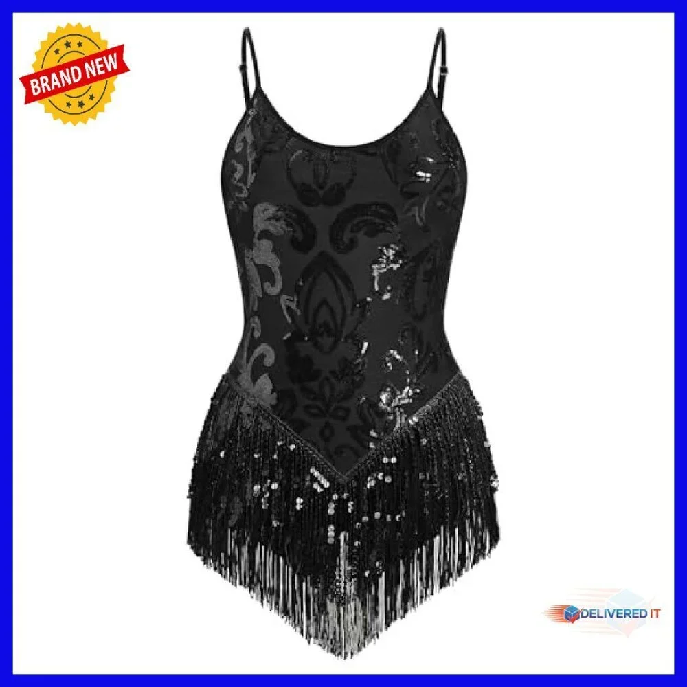 Sequin Fringe Bodysuit Latin Dance Leotard Rave Outfit XS-XL